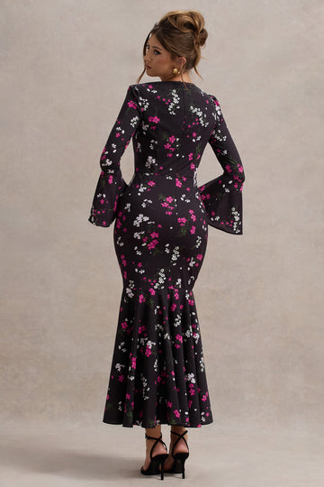 Catalonia Black Ditsy Floral Print Chiffon Long-Sleeve Split Maxi Dress